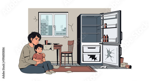 Modern vector illustration of single mother and child looking at empty refrigerator, food insecurity and poverty concept highlighting financial hardship and family struggle lifestyle