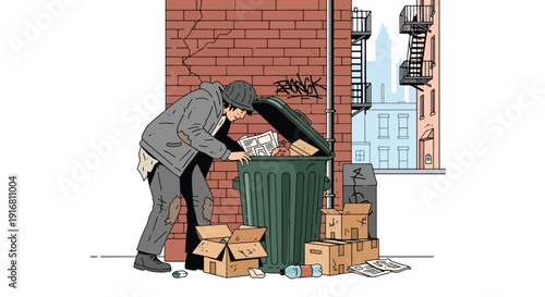 Modern vector illustration of poor person searching for food in trash bin in urban alley, poverty survival and food insecurity concept highlighting social inequality and hardship