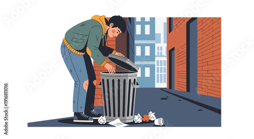 Modern vector illustration of poor person searching for food in trash bin in urban alley, poverty survival and food insecurity concept highlighting social inequality and hardship