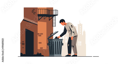 Modern vector illustration of poor person searching for food in trash bin in urban alley, poverty survival and food insecurity concept highlighting social inequality and hardship