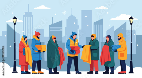 Modern vector illustration of volunteers giving warm blankets to homeless people in winter street, charity outreach and humanitarian support concept highlighting poverty awareness