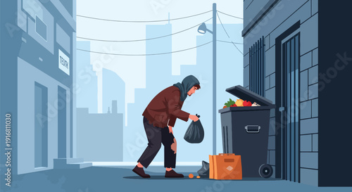 Modern vector illustration of poor person searching for food in trash bin in urban alley, poverty survival and food insecurity concept highlighting social inequality and hardship
