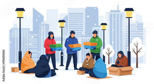 Modern vector illustration of volunteers giving warm blankets to homeless people in winter street, charity outreach and humanitarian support concept highlighting poverty awareness
