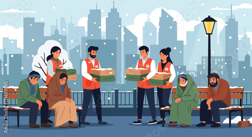 Modern vector illustration of volunteers giving warm blankets to homeless people in winter street, charity outreach and humanitarian support concept highlighting poverty awareness