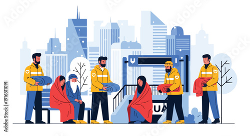 Modern vector illustration of volunteers giving warm blankets to homeless people in winter street, charity outreach and humanitarian support concept highlighting poverty awareness