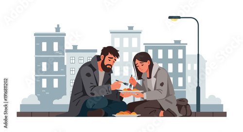 Modern vector illustration of homeless couple sharing simple meal while sitting on sidewalk curb, poverty survival and companionship concept highlighting empathy and hardship
