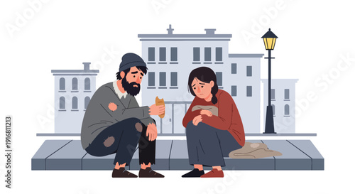 Modern vector illustration of homeless couple sharing simple meal while sitting on sidewalk curb, poverty survival and companionship concept highlighting empathy and hardship