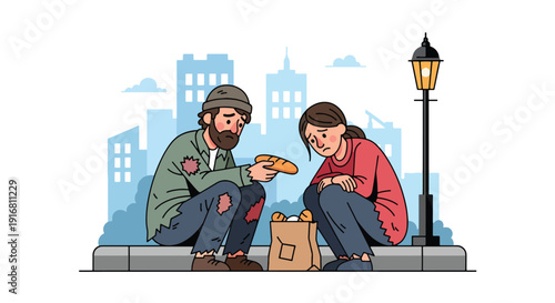 Modern vector illustration of homeless couple sharing simple meal while sitting on sidewalk curb, poverty survival and companionship concept highlighting empathy and hardship