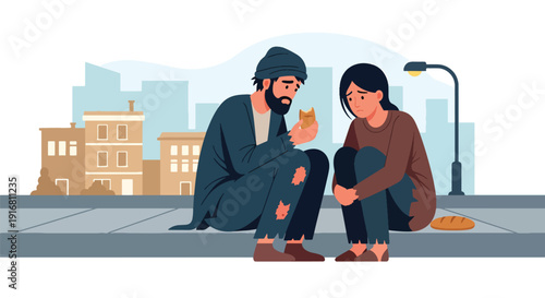 Modern vector illustration of homeless couple sharing simple meal while sitting on sidewalk curb, poverty survival and companionship concept highlighting empathy and hardship
