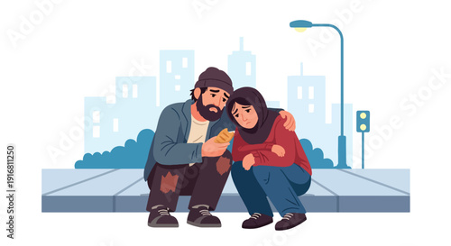 Modern vector illustration of homeless couple sharing simple meal while sitting on sidewalk curb, poverty survival and companionship concept highlighting empathy and hardship