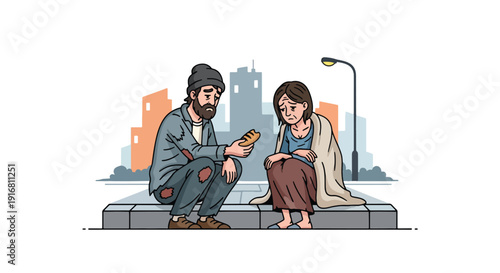 Modern vector illustration of homeless couple sharing simple meal while sitting on sidewalk curb, poverty survival and companionship concept highlighting empathy and hardship