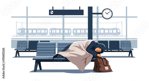 Modern vector illustration of homeless person resting in train station waiting area with blanket and bag, urban poverty survival and housing crisis concept highlighting hardship