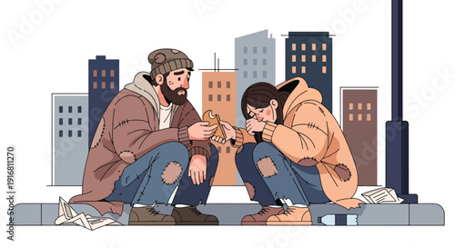Modern vector illustration of homeless couple sharing simple meal while sitting on sidewalk curb, poverty survival and companionship concept highlighting empathy and hardship