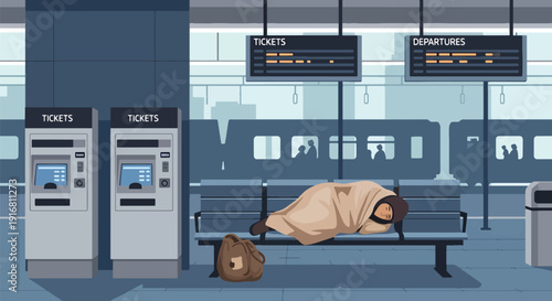 Modern vector illustration of homeless person resting in train station waiting area with blanket and bag, urban poverty survival and housing crisis concept highlighting hardship