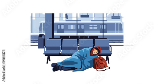 Modern vector illustration of homeless person resting in train station waiting area with blanket and bag, urban poverty survival and housing crisis concept highlighting hardship