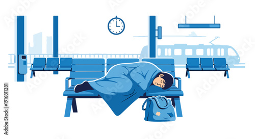 Modern vector illustration of homeless person resting in train station waiting area with blanket and bag, urban poverty survival and housing crisis concept highlighting hardship