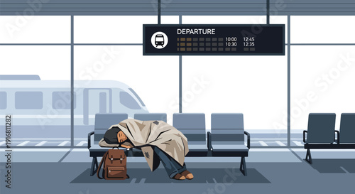 Modern vector illustration of homeless person resting in train station waiting area with blanket and bag, urban poverty survival and housing crisis concept highlighting hardship