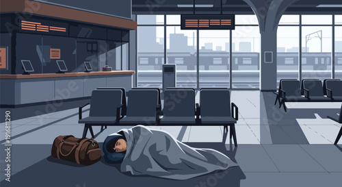 Modern vector illustration of homeless person resting in train station waiting area with blanket and bag, urban poverty survival and housing crisis concept highlighting hardship