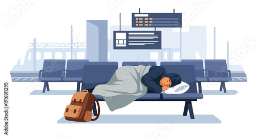 Modern vector illustration of homeless person resting in train station waiting area with blanket and bag, urban poverty survival and housing crisis concept highlighting hardship