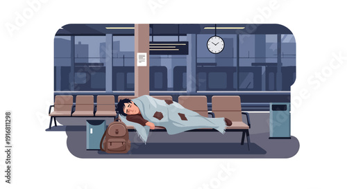 Modern vector illustration of homeless person resting in train station waiting area with blanket and bag, urban poverty survival and housing crisis concept highlighting hardship