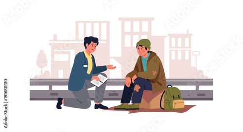 Modern vector illustration of social worker talking and offering support to homeless person on city street, compassion and poverty recovery concept highlighting care and assistance