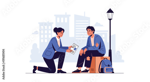 Modern vector illustration of social worker talking and offering support to homeless person on city street, compassion and poverty recovery concept highlighting care and assistance