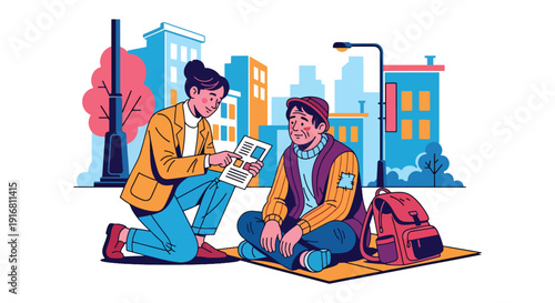 Modern vector illustration of social worker talking and offering support to homeless person on city street, compassion and poverty recovery concept highlighting care and assistance
