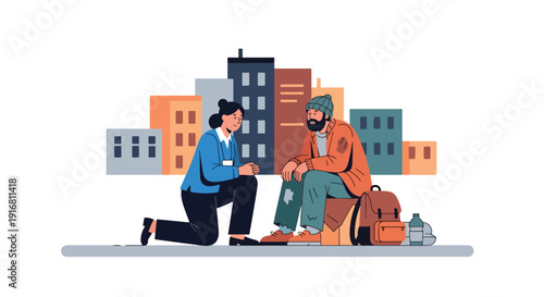 Modern vector illustration of social worker talking and offering support to homeless person on city street, compassion and poverty recovery concept highlighting care and assistance