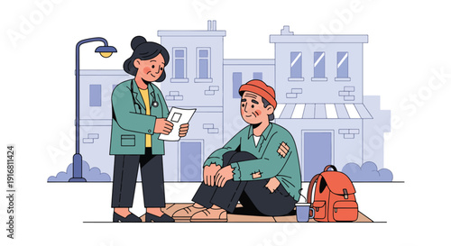 Modern vector illustration of social worker talking and offering support to homeless person on city street, compassion and poverty recovery concept highlighting care and assistance