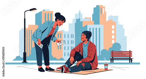 Modern vector illustration of social worker talking and offering support to homeless person on city street, compassion and poverty recovery concept highlighting care and assistance