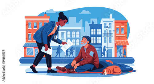 Modern vector illustration of social worker talking and offering support to homeless person on city street, compassion and poverty recovery concept highlighting care and assistance