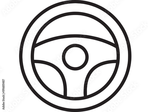 Steering wheel icon in bold black outline, minimal line art symbol for driving, car control, transport app UI, dashboard button, isolated on white background