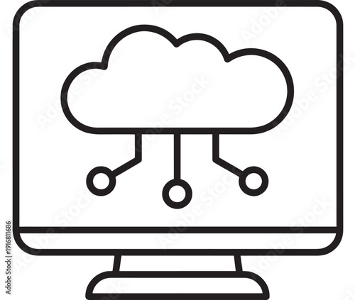 Cloud computing icon on desktop monitor line art illustration showing online data storage, network connection and technology services isolated on white background