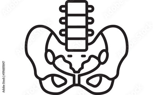 Pelvis and lumbar spine icon in black line style, human skeletal anatomy symbol for orthopedic, chiropractic, physiotherapy, radiology and medical education