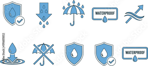 Light blue minimalist waterproof vector icon set featuring water resistant shields umbrellas droplets and protective badges for product packaging outdoor gear and textile technical specifications.