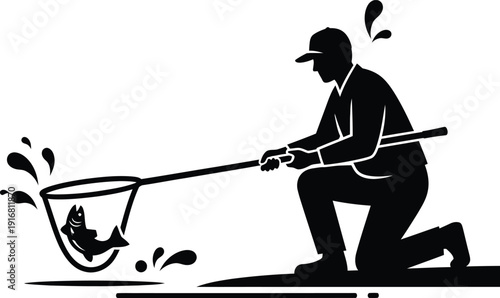 Silhouette Man Kneeling Using Fishing Net To Catch Fish Near Water