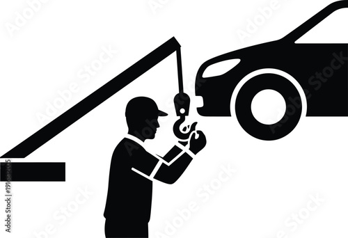 Silhouette Worker using crane hook to lift car for towing or repair service
