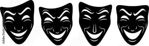 Mask Set for Theater and Comedy Featuring Four Distinct Stylized Smiling Faces in Black Silhouette.