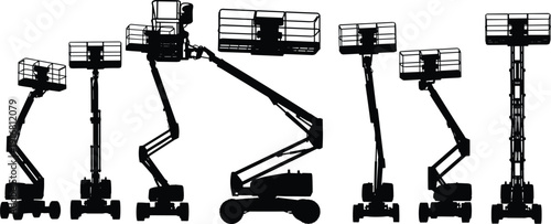 Articulated boom lift silhouettes set, mobile elevated work platform construction equipment vector illustration black machinery collection