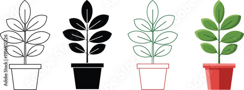 Minimalist potted houseplant illustration set featuring black and white line art silhouette green outline and flat color vector plant designs for interior decor and brandin
