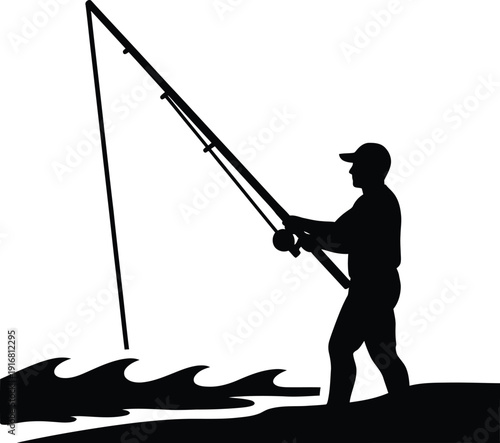 Silhouette Person Fishing Silhouette Near Water With Fishing Rod