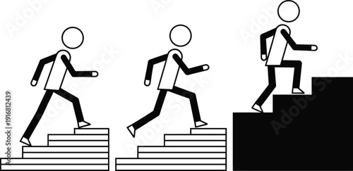 Minimalist stick figure business growth concept showing characters climbing stairs to reach the top for success career advancement and personal development goals