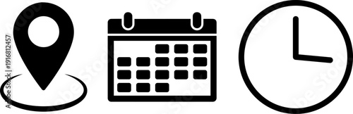 Modern icons for location, calendar, and clock on white background