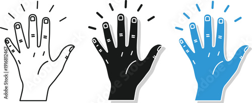 Minimalist illustration set of three hand gestures with radiating lines in black outline, solid black silhouette, and solid light blue styles for interaction and communication concepts.