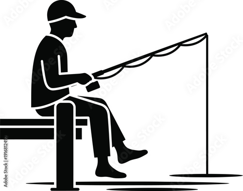Silhouette Person sitting on bench engaged in fishing activity outdoors