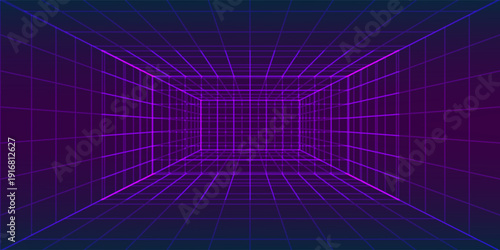 Futuristic cyberpunk grid room vector background. Neon pink lines create a 3D perspective tunnel for tech designs. vector Eps 10