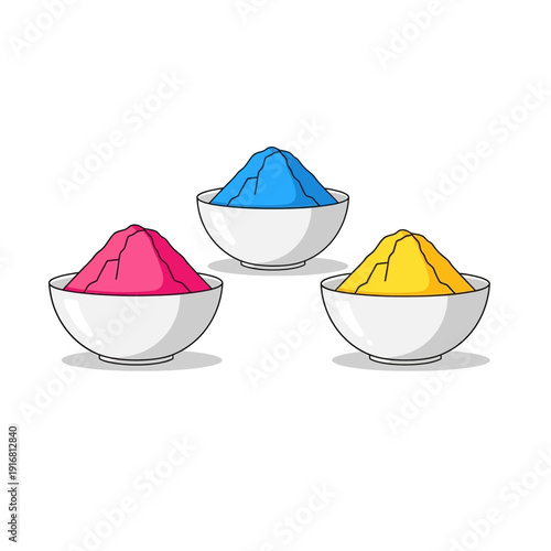 three small rounded bowls filled with vibrant color powder, bright pink, blue, and yellow powder