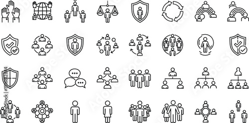 Professional set of thirty minimalist black and white line icons representing human resources, global networking, diversity, inclusion, organizational hierarchy, and community protection symbols.