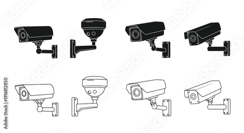 Collection of Security Cameras in Black and White Line Art Style.