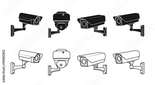 Collection of Security Cameras in Black and White Silhouettes.